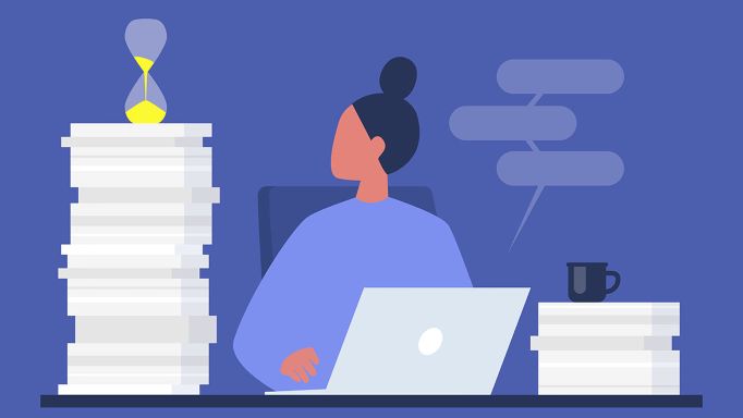 illustration of woman working at desk with stacks of paper